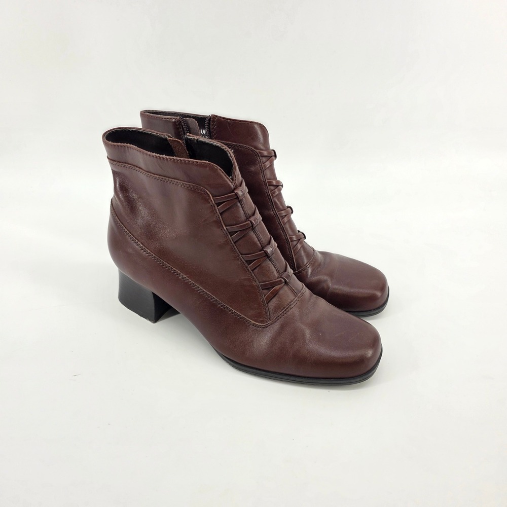 Accents Brown Leather Lace Up‎ Front Ankle Boots Square Toe Block Heel Womens 7M